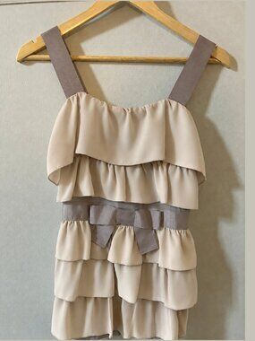 Anthropologie Bordeaux Champagne Tiered Ruffle Bow Tank Top